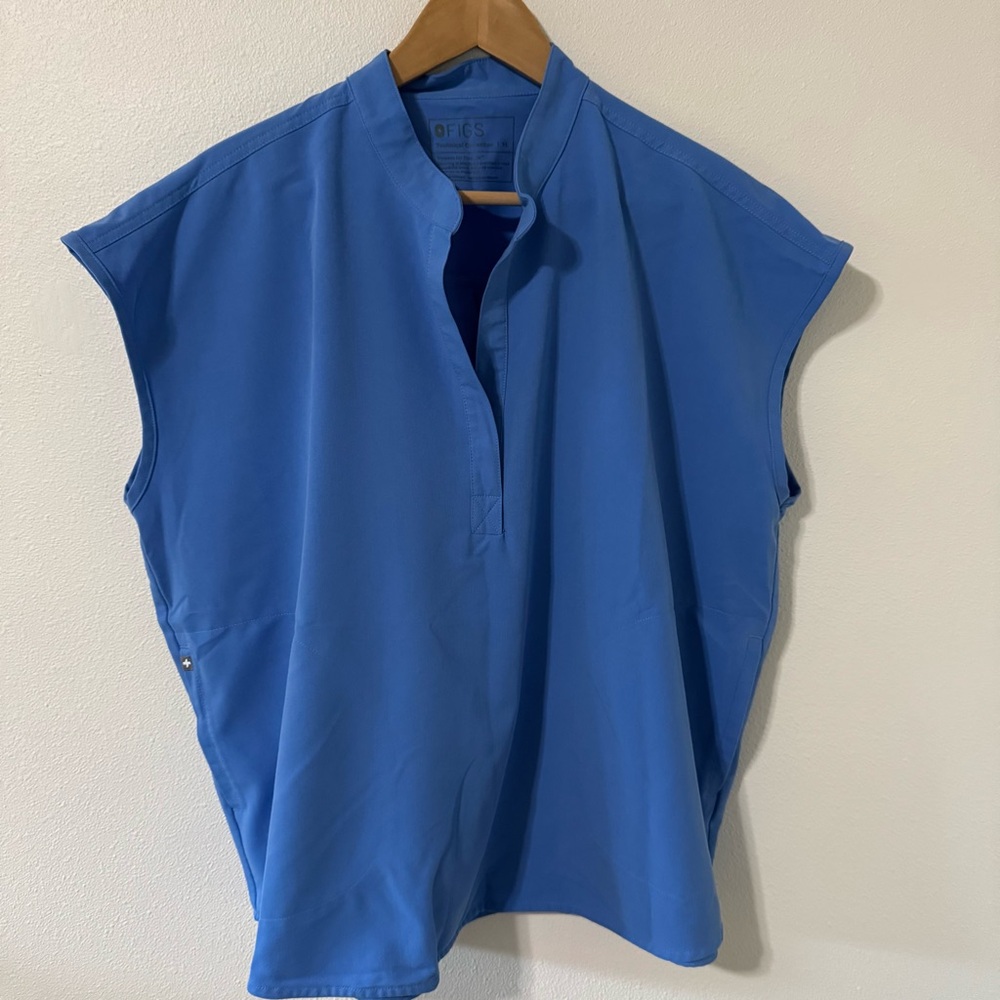 Figs Rafaela Oversized Scrub Top Blue Mandarin Collar Pockets X-Large